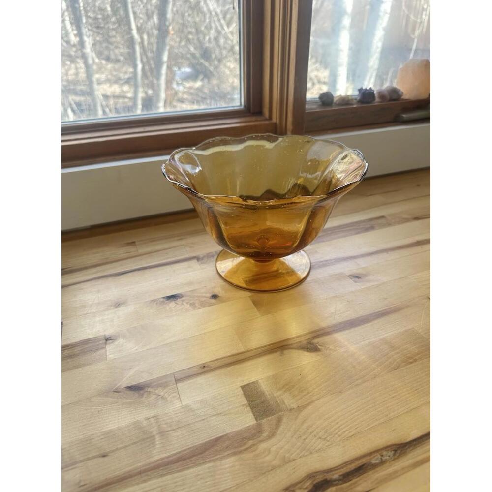Vintage Amber Hand Blown Glass Deep Dish Candy Bowl Beautiful Amber Glass